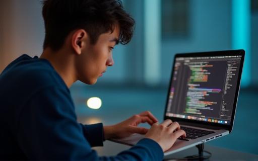 노트북으로 작업하는 청년 개발자